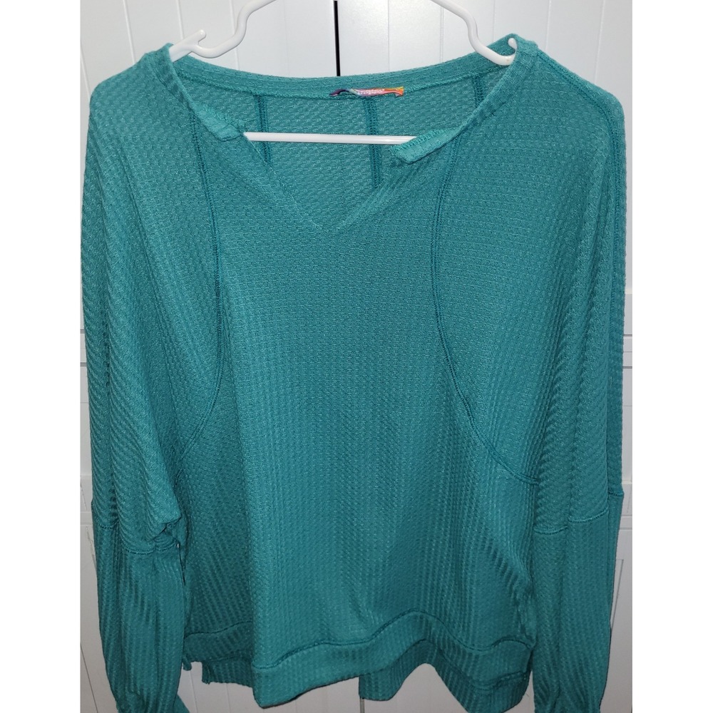 Freckled Poppy Teal Waffle Knit‎ Notched V-Neck Top T4695 Made in USA Large